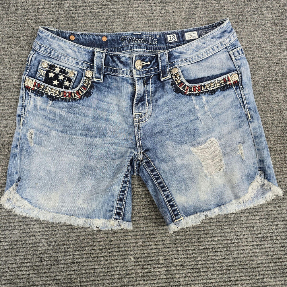 Miss Me Signature Shorts Womens 28 American Flag Patriotic Bling  Denim